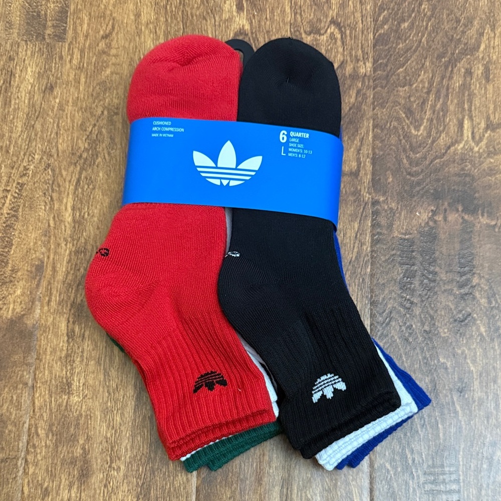 adidas Originals Six-Pack Quarter Athletic Socks - Red, Black & Blue - Picture 1 of 16